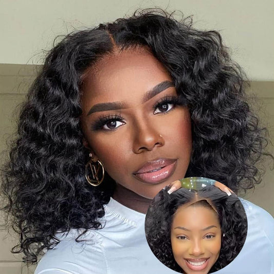 Wear and Go Glueless Bob Wigs Human Hair Pre Plucked Pre Cut Deep Wave Bob Wig Human Hair Lace Front Wigs for Black Women Upgraded No Glue 4x4 Lace Closure Glueless Wigs for Beginners 12 Inch