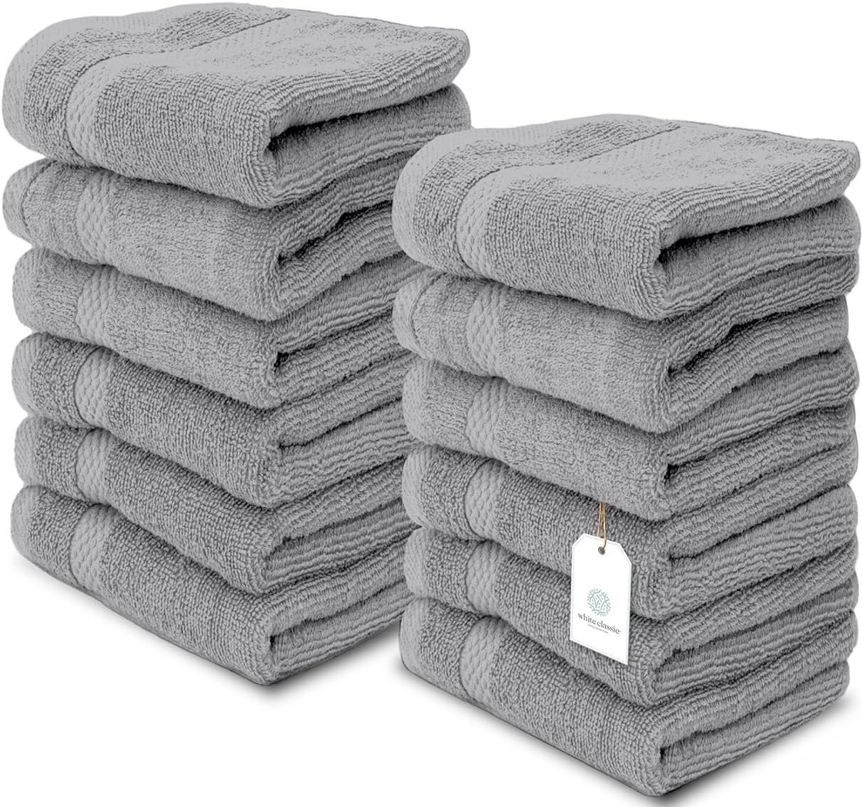 White Classic Light Grey Luxury Cotton Washcloths 12 Pc Set - Large 13x13 Inches Hotel Style Face Towel, High Absorbent Quick Dry Wash Cloths for Home, Spa, Gym, Light Grey, 12 Pack