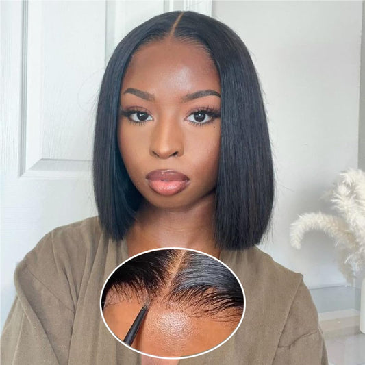 Wear and Go Glueless Bob Wig Human Hair Pre Plucked Short Straight Bob Wigs for Black Women Pre Cut 4x4 Lace Closure HD Transparent Glueless Lace Front Wigs Human Hair 180% Density 10 Inch