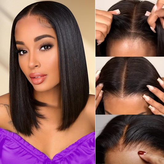 Wear and Go Glueless Bob Wigs Human Hair Pre Plucked Pre Cut 5x5 HD Transparent Lace Closure Wigs 180% Density Ready to Wear Short Straight Lace Front Wigs For Black Women Beginner Friendly 12 Inch