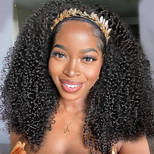XSY Headband Wig Human Hair Kinky Curly Headband Wigs for Black Women Curly Human Hair Wigs Glueless None Lace Front Wig Brazilian Virgin Human Hair 150% Density Natural Black Color 20 Inch