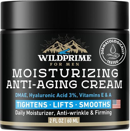 WildPrime Men's Face Moisturizer Cream - Anti Aging & Wrinkle - Collagen, Hyaluronic Acid, Vitamins E & A, Avocado Oil - 2 oz