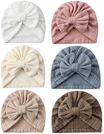 ZURLEFY 6 PCS Stretchy Baby Turban Hats, Baby Hat with Bows for Girls, Baby Boys Caps, Toddler, Newborn, Infant Hat Unisex