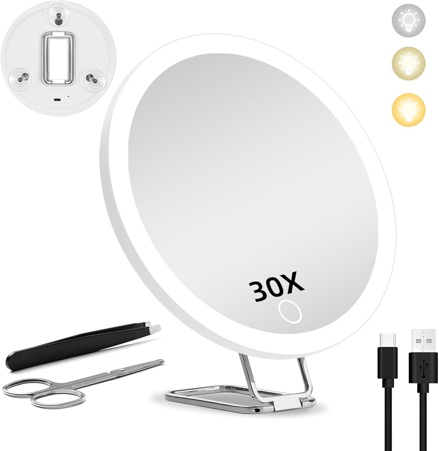 30X Magnifying Mirror with Light, Large 6'' Magnifying Makeup Mirror with Lights, 3 Suction Cups & Adjustable Stand, Lighted Makeup Mirror with Magnification, Compact LED Magnified Mirror for Bathroom