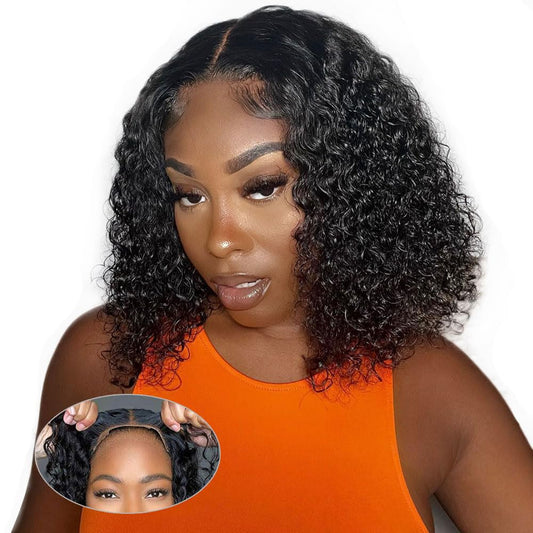 Wear and Go Glueless Wigs Human Hair Pre Plucked Pre Cut Short Bob Wigs With Elastic Band For Black Women Deep Wave Curly 4x4 Closure Wig Water Wave Wigs Human Hair 12 Inch