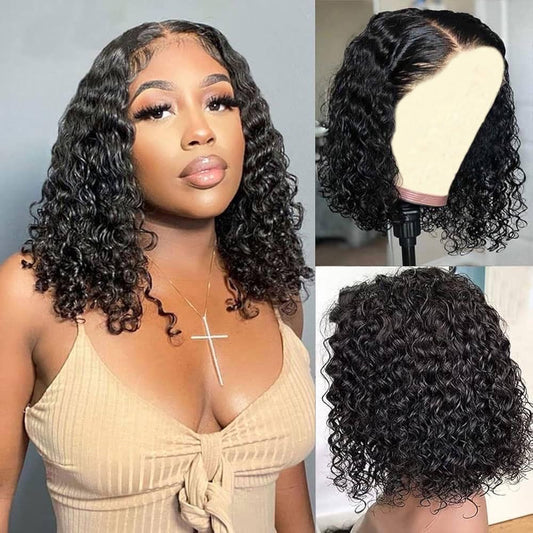 Wear and Go Glueless Wigs Human Hair Pre Plucked Pre Cut Deep Wave Curly Bob Wig Human Hair Lace Front Wigs for Black Women 4x4 Lace Closure Human Hair Bob Wigs Glueless 10 Inch