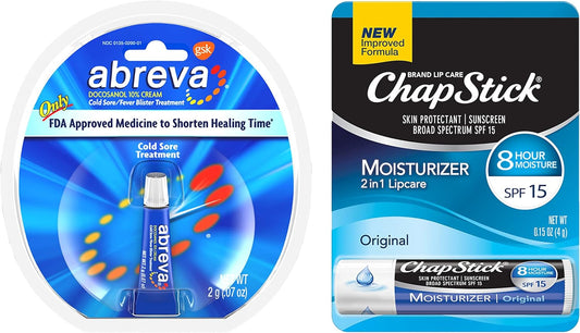 Abreva 10 Percent Docosanol Cold Sore Treatment, Fever Blister and Cold Sore Cream - 0.07 oz plus ChapStick Moisturizer Original Lip Balm - 0.15 oz Value Pack