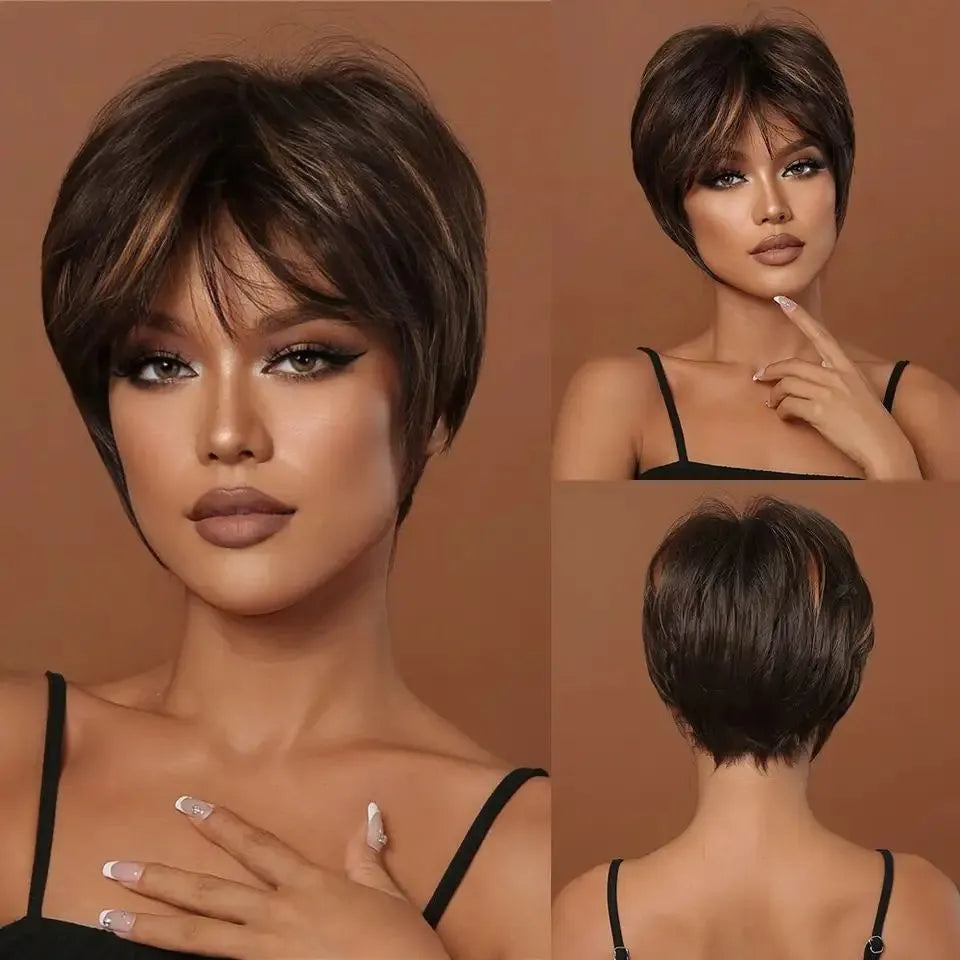 <p>Natural Synthetic Short Dark Brown Wig with Bangs for Women - Perfect for Daily, Party, and Cosplay Wear | Slightly Curly Hair Ends |</p> <p>&nbsp;</p>