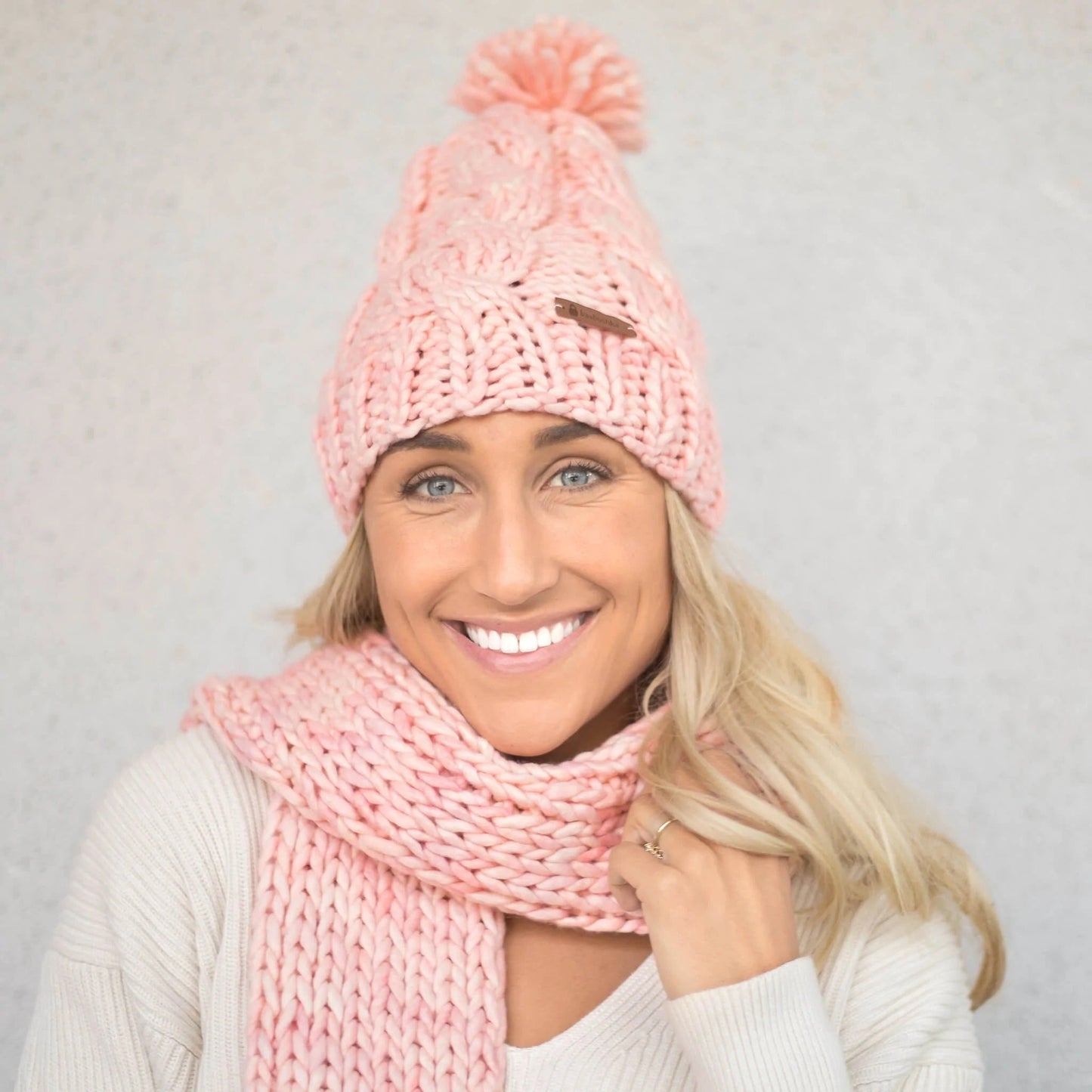 Women's Chunky Cable Knit Merino Wool Beanie Hats + Visors Baabushka Cotton Candy